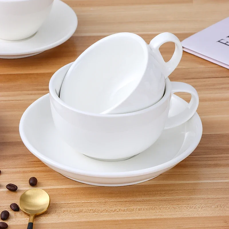 European-style Latte Art Cappuccino Coffee Cup and Saucer Set Ceramic Pure White Milk Tea Cup Hotel Universal Tea Cup