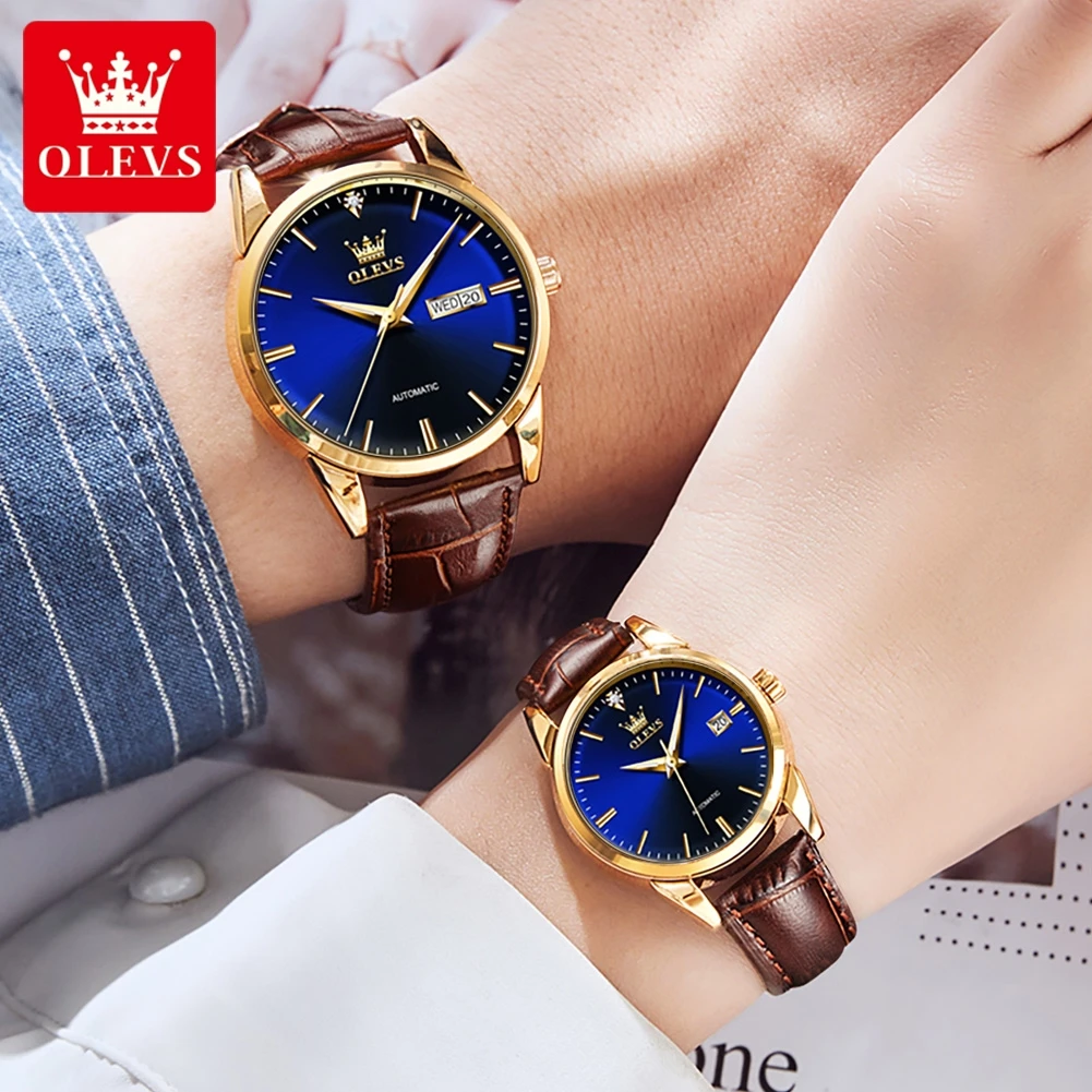 ساعات OLEVS للأزواج بسيطة كاجوال أصلية ميكانيكية أوتوماتيكية لمحبي مقاومة للماء ومضيئة لتاريخ الأسبوع #4