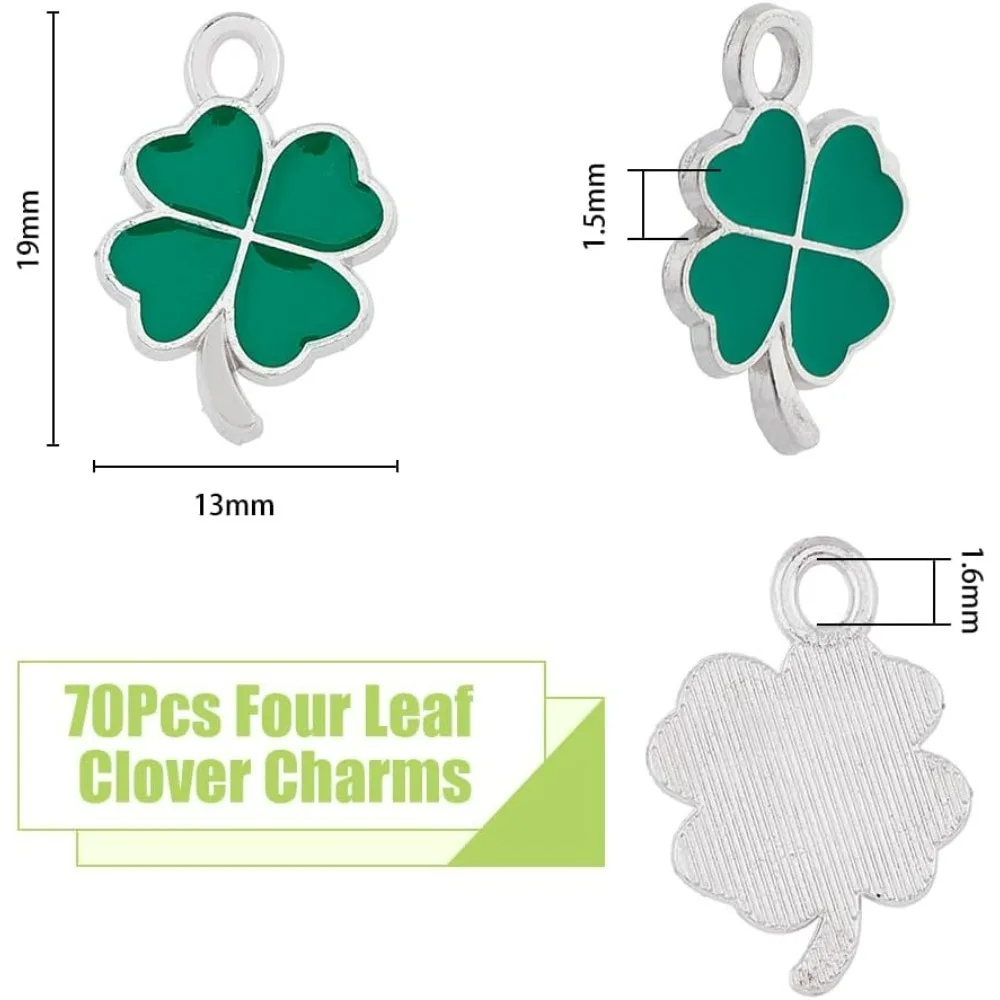 70pcs Four Leaf Clover Charms Enamel Alloy Small Shamrock Charms Green Lucky St. Patrick's Day Charm