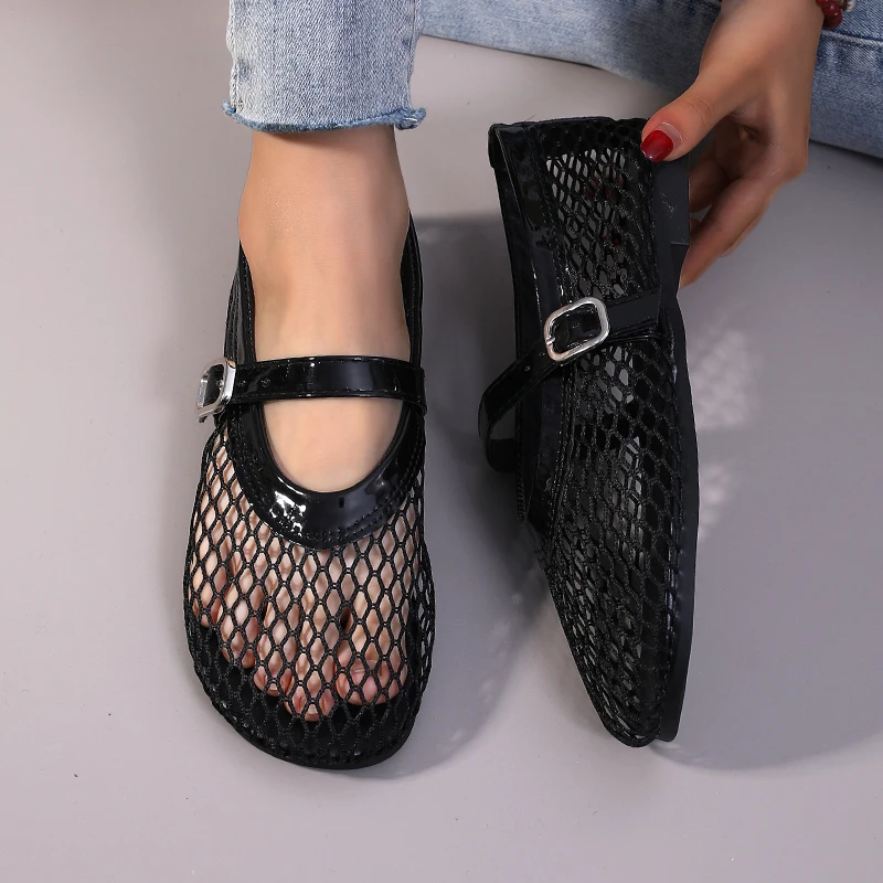 ​2025 New Women's Black Mesh Evening Flats - Silver Buckle Mary Jane Shoes with Fishnet Detailing & Gift Box image 4