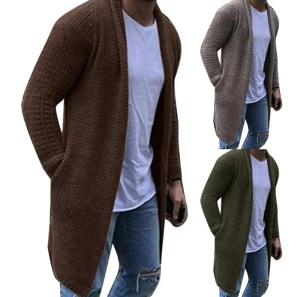 Men Cardigan Solid Color Open Front Knit Sweater Loose Pocket Men Cardigan Coat Fashion Winter Long Cardigan Men's Clothing