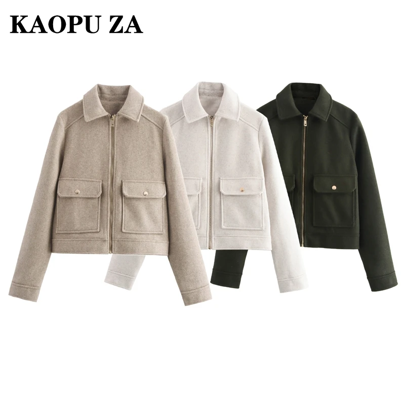 

KAOPU ZA 2024 New Autumn Women's Casual Zipper Cropped Jacket Ladies Long Sleeve Lapel Bomber Coat Fashion Outerwear Tops