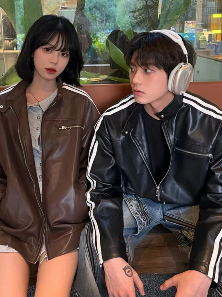 

Vintage PU Leather Coat American Retro Oversized Square Shoulder Unisex Spring Fall High End Niche Style Jacket​