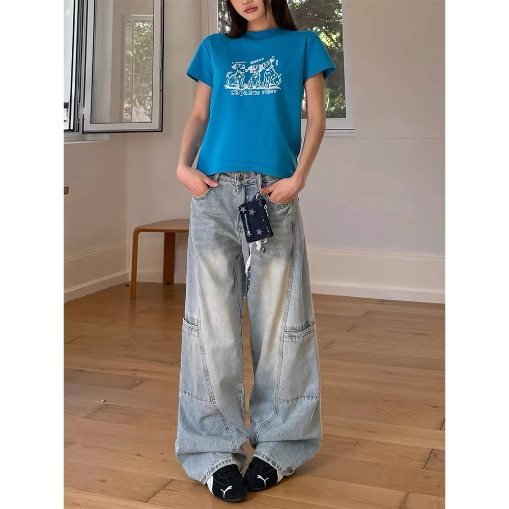 Jeans Retro Americanos com Patchwork, Design Solto e Casual, Calças Longas de Perna Larga, Estilo de Rua, Moda Tendência para...