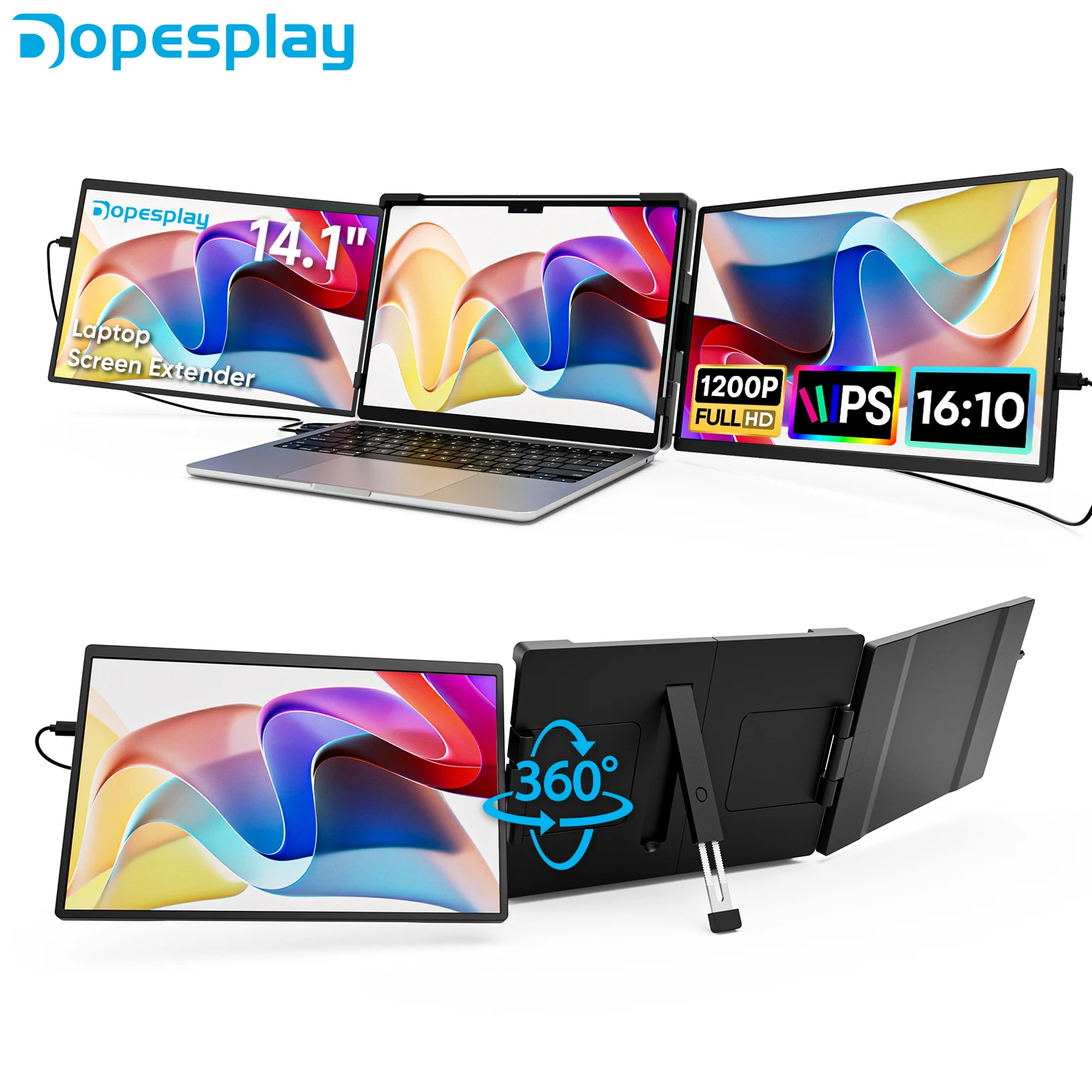 Dopesplay-extensor de pantalla para portátiles de 14,1 pulgadas, monitores portátiles Triple Dual FHD 1200P IPS para Windows, Mac, Android, cromado,