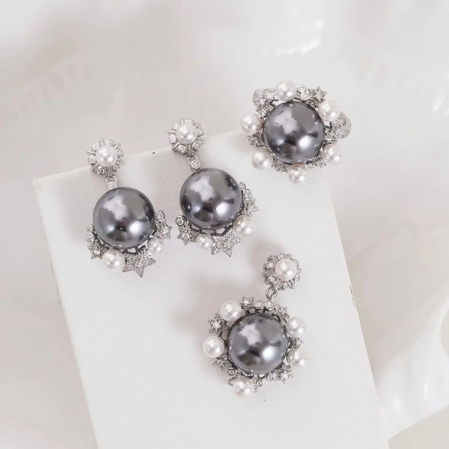 

S925 Sterling Silver Pendant Ring Earrings Set Base Mounts Findings Mounting Jewelry Set Parts Fittings for 3-12mm Pearls