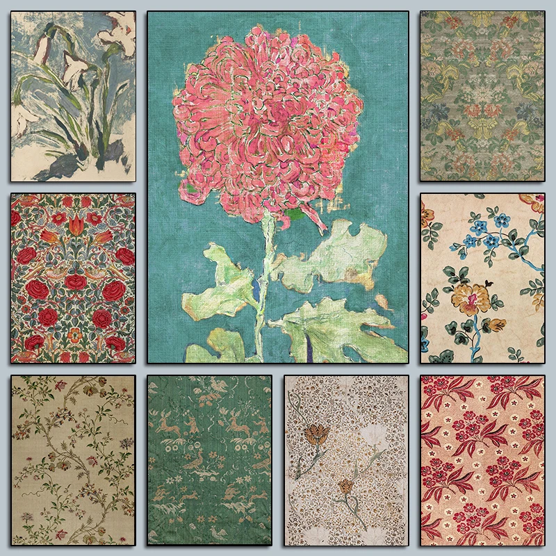 1pc frameless Canvas Painting (No frame)Vintage Botanical Floral Birds Brocade Pattern Posters Cottage Rustic Prints Canvas Pain