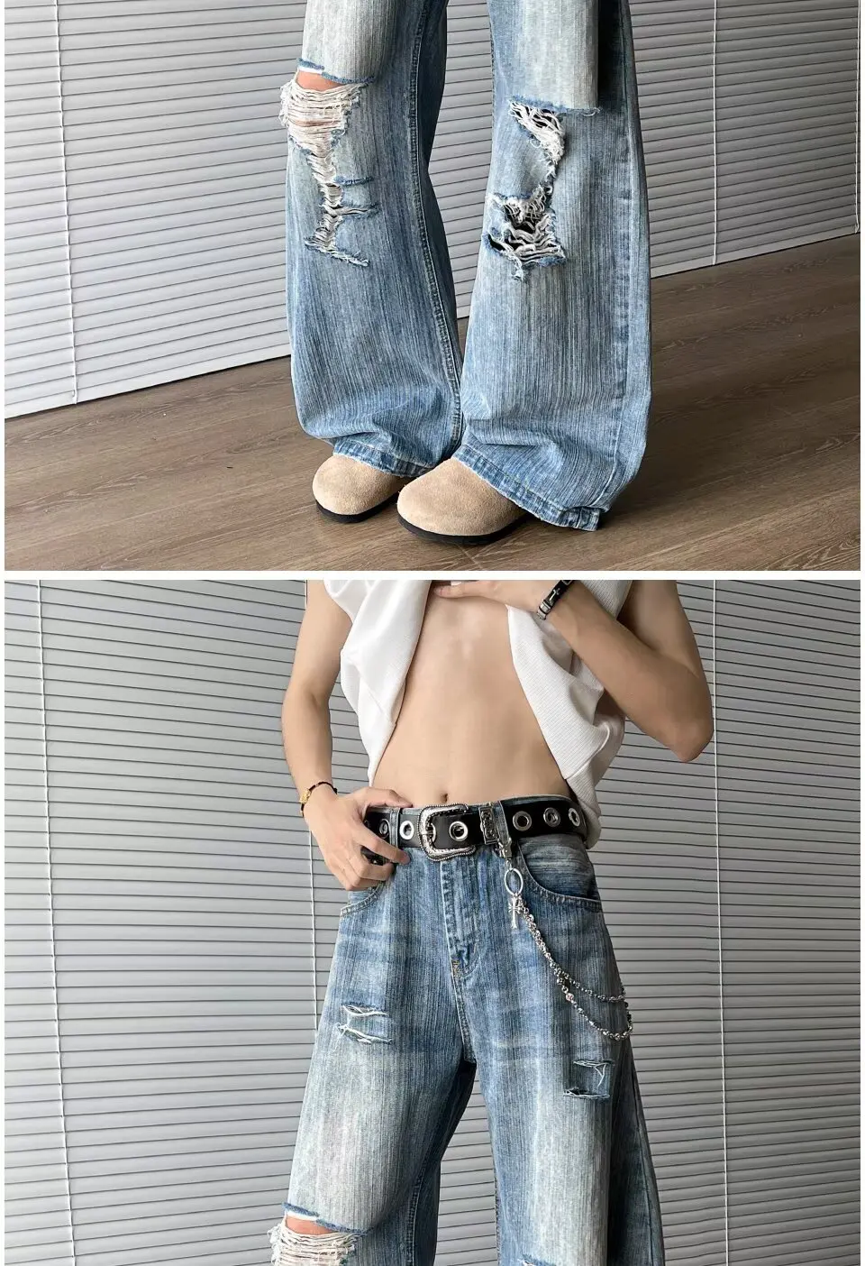 2025 Trashy Y2K Streetwear Washed Blue Baggy Ripped Jeans Hosen für Männer 90er Jahre Vintage Kleidung Straight Distressed Denim Hosen – Detail 9