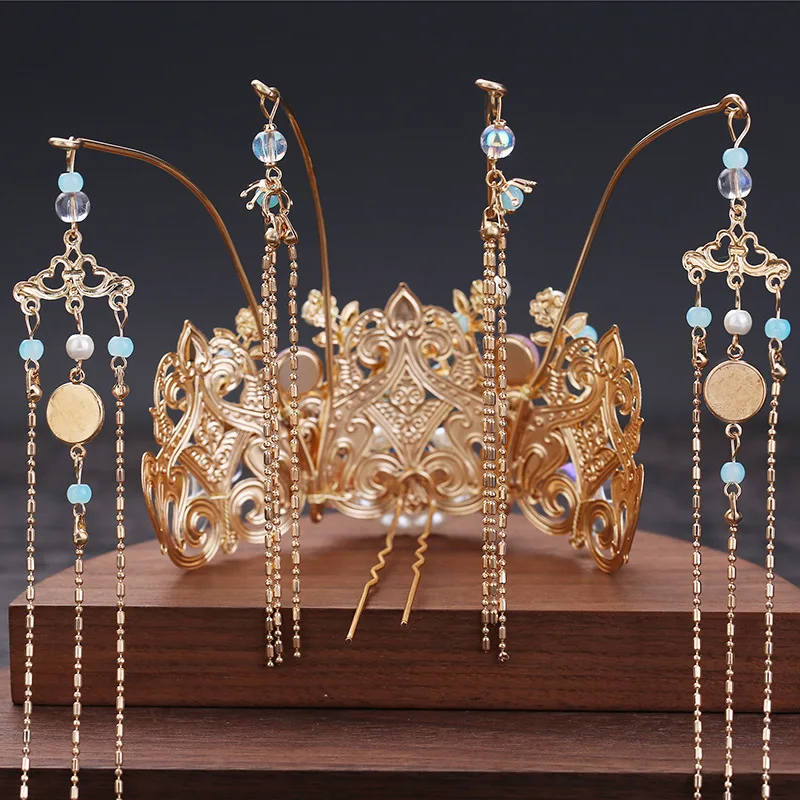 Hanfu girls adult headwear tassel step hairpin full set ancient style super fairy hair crown pair hairpin hair accessories