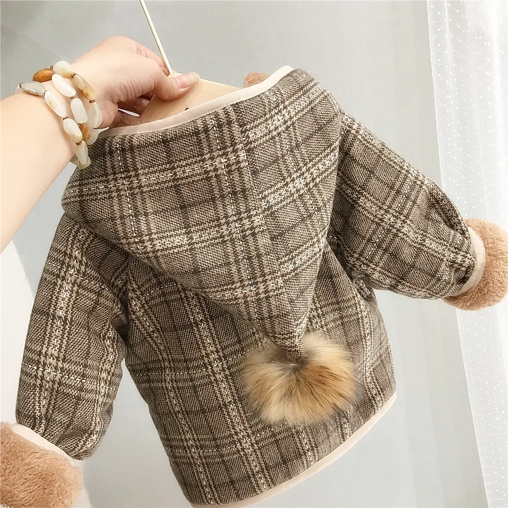 Girls\' Plaid Velvet Hooded Coat Top Children\'s Boys Hairball Single-breasted Jacket 2023 Autumn Winter Kids Thicked Warm Jackets