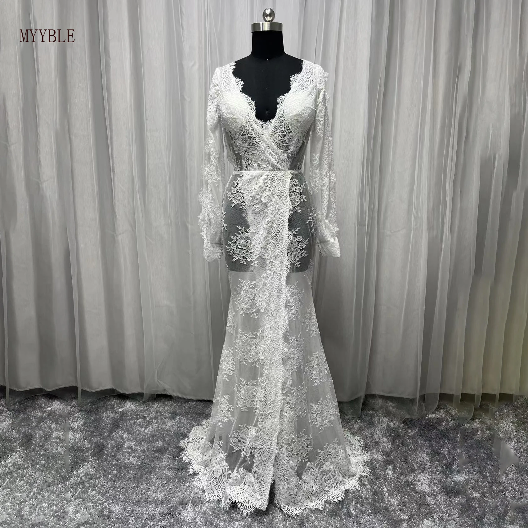 Real Photo Elegant Full Lace Wedding Dress Boho Long Puff Sleeve Country Bride Gowns Sexy Backless Charming 2023 Bridal Dresses