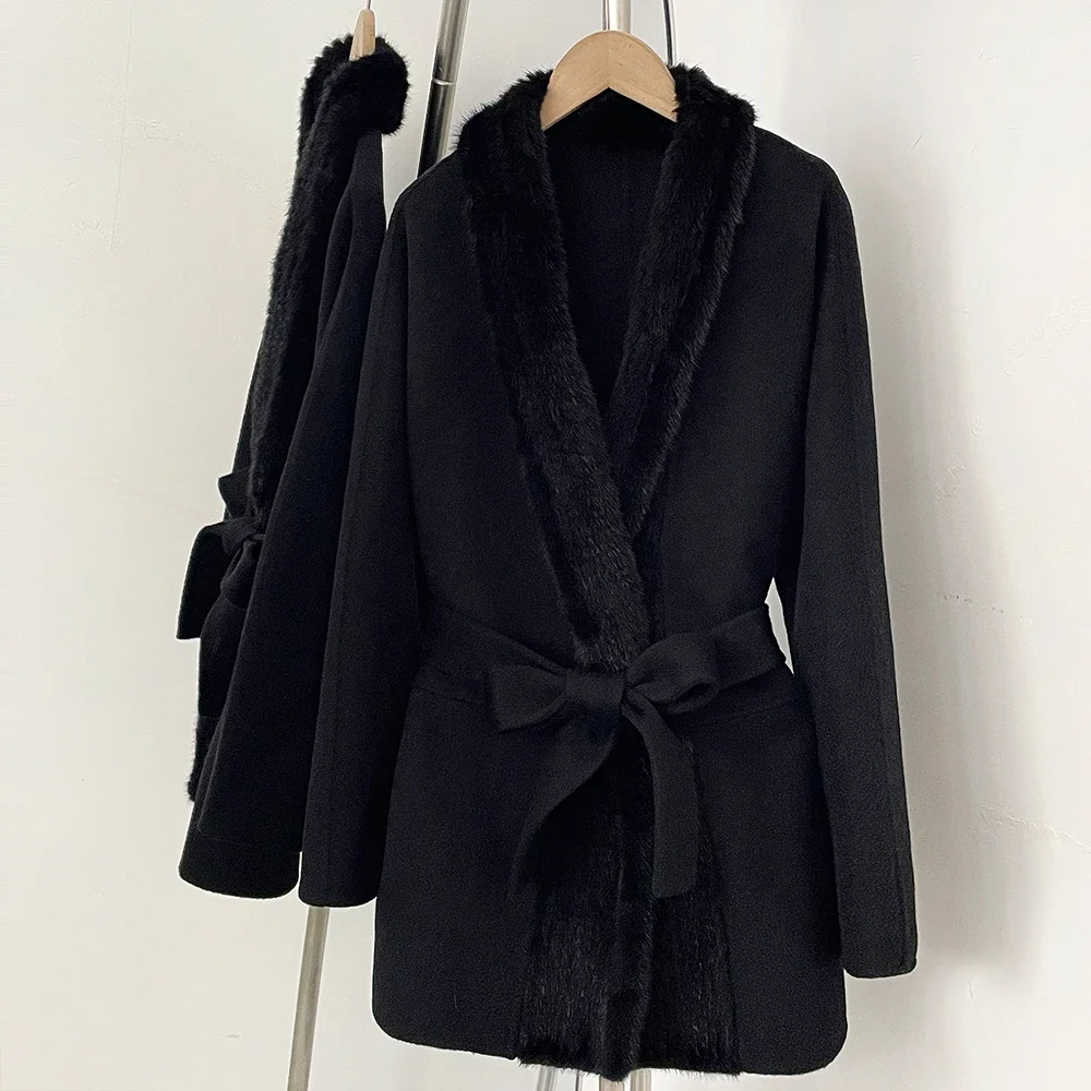 OFTBUY Vollständig Gepolsterte Echte Nerzfell-Mittellange Wolljacke für Damen Neue Winterkleidung Damen Mantel mit Gürtel aus Naturpelz-Wollmischung – Detail 11