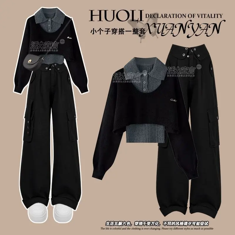 Autumn Women Knit Sweaters Cargo Pants Three-Piece Sets Knitwear Pullover Wide-Leg Pants Womens Outfits Casual Outdoor Suit New