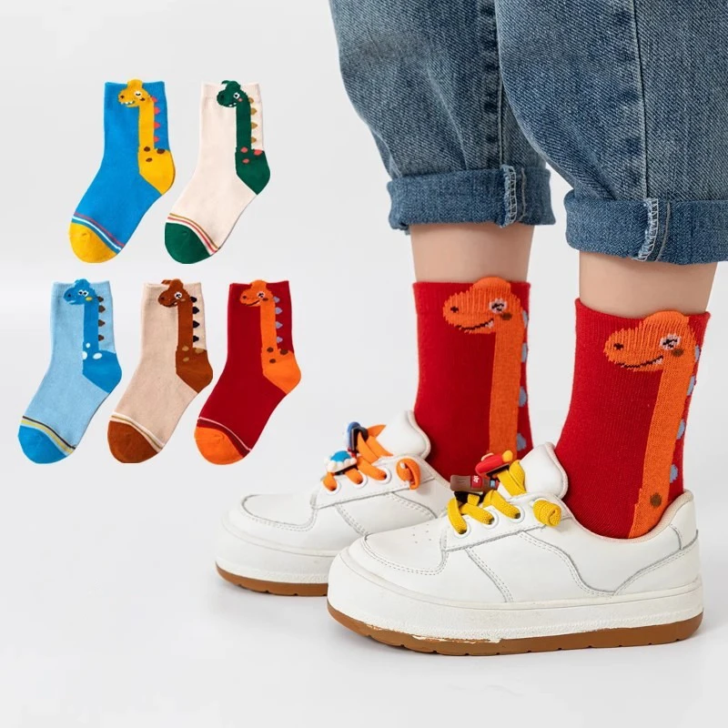 

5 Pairs Autumn/Winter Children's Socks Cute Cartoon Dinosaur Boys Mid Tube Socks，Casual Socks