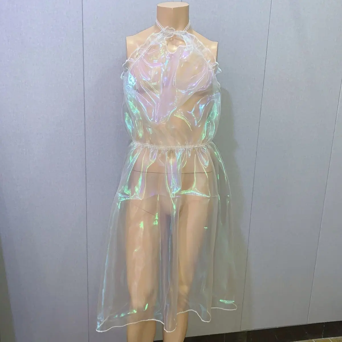 

(можно на заказМужская ручная работа Halt Neck ress See Through Hologram Sheer Silky Touch Private FKK Party DJ Club Dance BF Gifts Harajuku