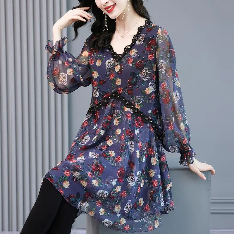 2024 Spring Summer New Office Lady Patchwork V-neck Long Sleeve Ladies Fashion Floral Mid Length Top Women Clothing Korean Tops