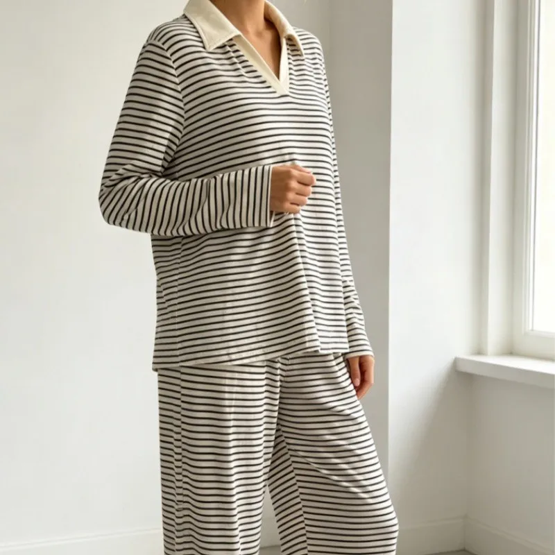 New 2026 Spring Autumn Women Striped Polo Sleepwear Knitted Long Sleeve Loose Wide Leg Pants Ladies Soft Casual Home Pajamas Set