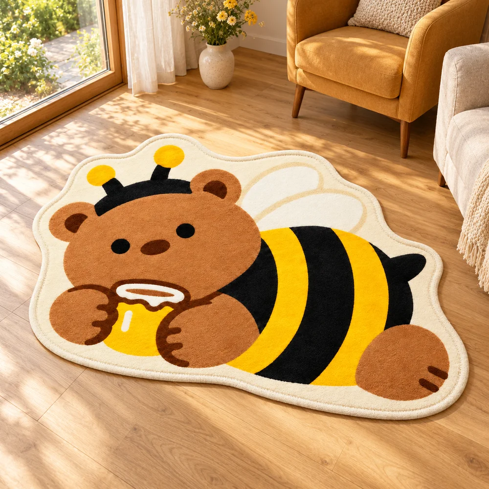 Cute Honey Bee Bear Shaped Area Rug Animal Irregular Flannel Floor Mat for Bedroom Living Room Bathroom Entryway Home Decor Gift
