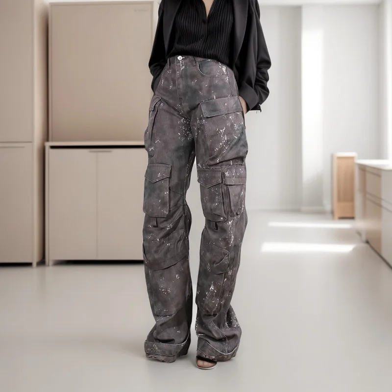 

Denim Loose Cargo Pants For Women High Waist Patchwork Pocket Casual Camouflage Jeans Female Fashion 2024