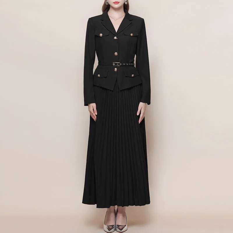 

Костюм с юбкой для женщин, модный костюм с длинным рукавом и зубчатым воротником, черные пояса, женский костюм с юбкой трапециевидной формы, комплекты из двух предметов, женские наряды Q1923