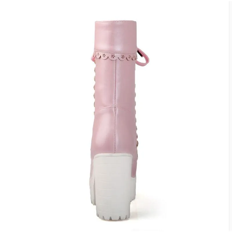 KNCOKAR Autumn Winter New Elegant Lace Lacing Belt Europe And America Boot Thick Heel High Heel Round Head Female Shoe
