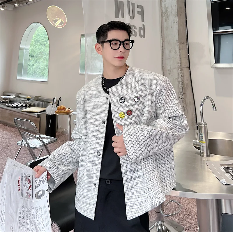 

Мужская модная осенняя куртка без воротника в клетку с подкладкой, короткая верхняя одежда в корейском стиле, молодежная, с длинными рукавами, круглым вырезом