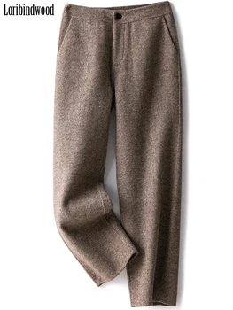 Loribindwood Wollen Pijpbroek Dames 2023, Herfst en Winter, Losse Rechte Hoge Taille Tweed Casual Negen Punten Radijsbroek