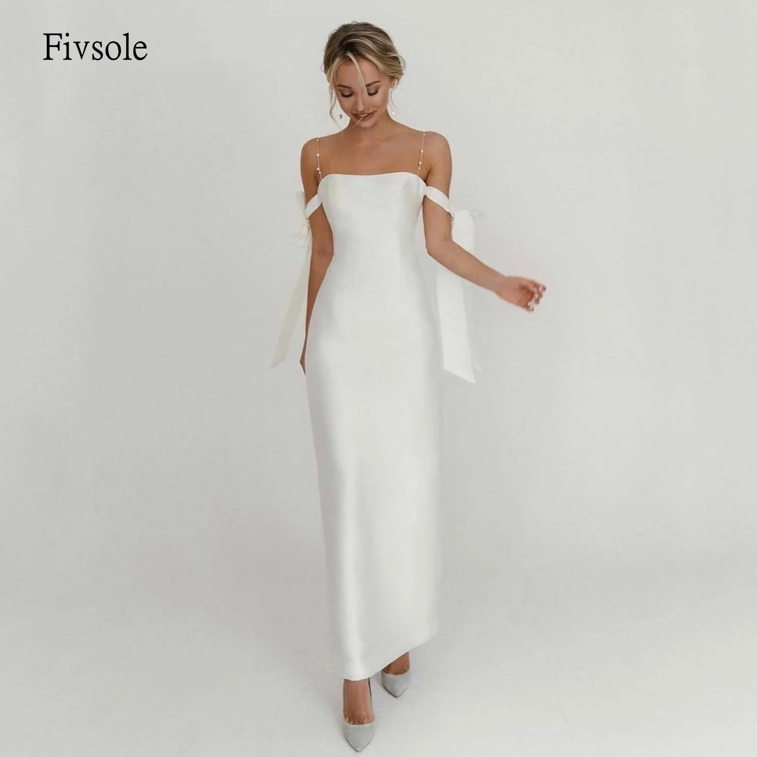

Fivsole Pastrol Pearl Spaghetti Strap Straight Wedding Dress Off The Shoulder Bride Dresses Ankle Length Wedding Gown Customized