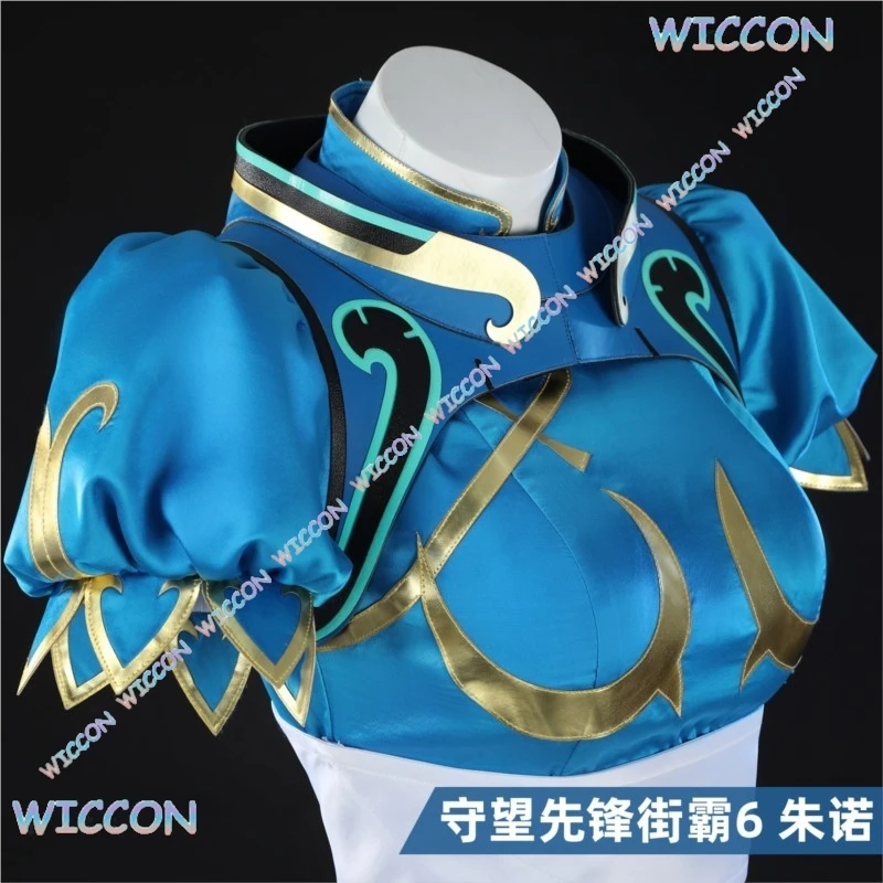 فستان جونو التأثيري زي لعبة SF OW Chunli لعب الأدوار الأزرق تشيباو الزي مجموعة كاملة شعر مستعار الكونغ فو بدلة حفلة الهالوين للمتعة