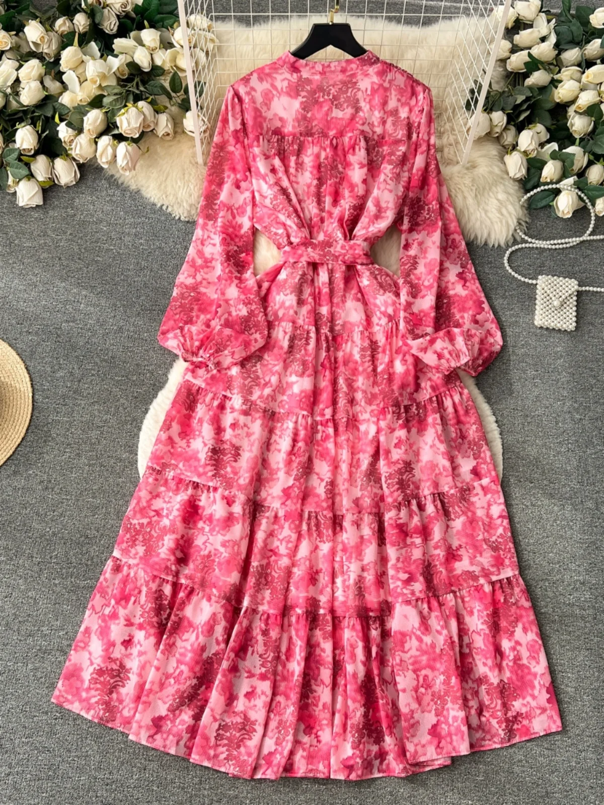 Floral Print Chiffon Dr Women's Autumn New Knee-Length Gown Gentle Waist-Cinching Fairy Skirt A-Line Long Sve Midi Dr
