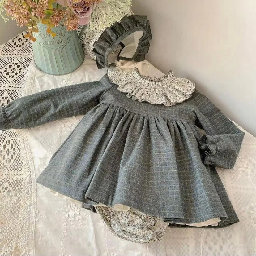 

0-8Y Baby Girl Autumn Winter Handmade Embroidery Smocked Vintage Grey Plaid Dress for Birthday Photography Holiday Eid A324
