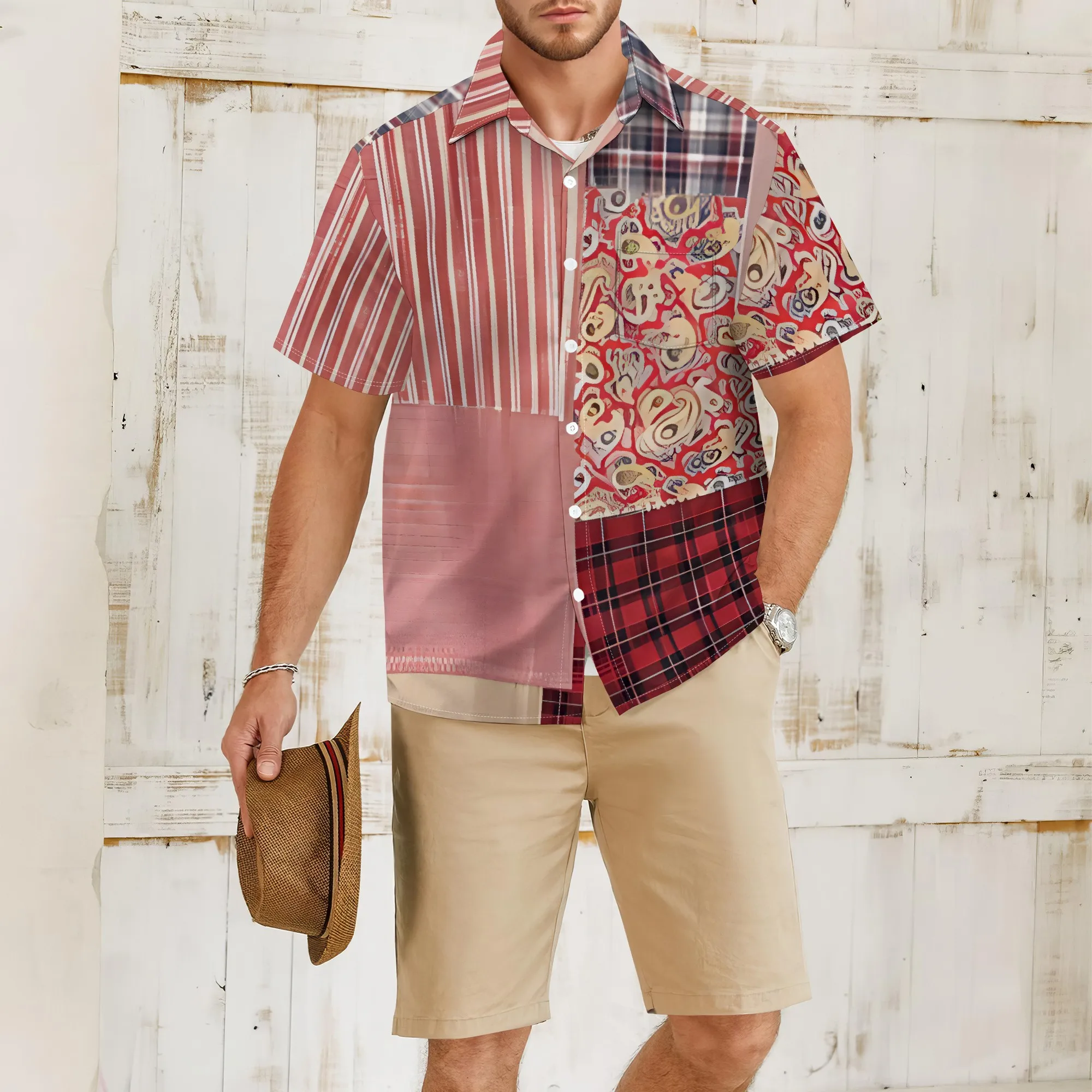 

YEAE Men's Green Leaf Printed Shirt 100% Cotton Short Sleeve Casual Beach Fall Modern Style
