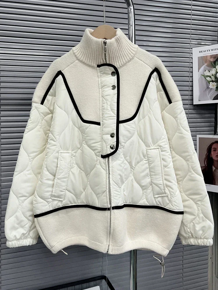 Puffer Jackets Down Jacket Female Winter 2022 Stand Collar Long Sleeve Patchwork Knitting Loose Coats Female 2022