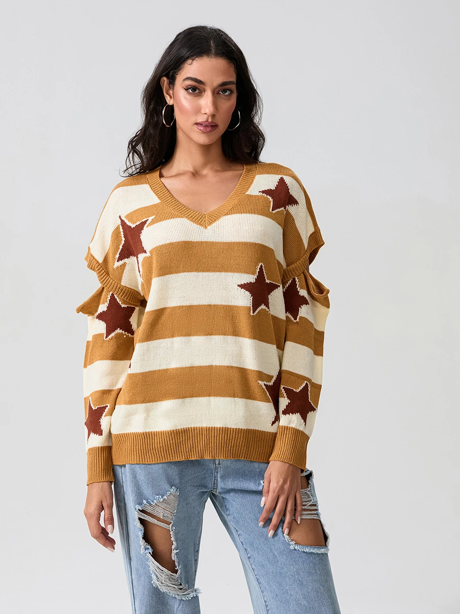 wsevypo Autumn Star Print Loose Knit Sweaters Women's Long Sleeve V Neck Striped Pullover Warm Tops  for Fall Winter Knitwears image 3