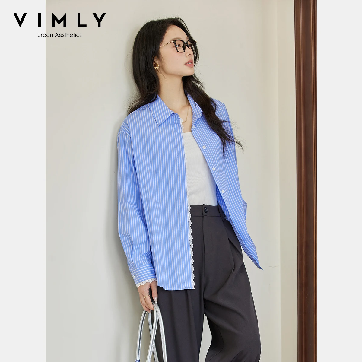 VIMLY bleu rayé chemise 2025 automne femmes à manches longues col Polo tenue de bureau femme Blouse dentelle boutonné dames chemises A2201