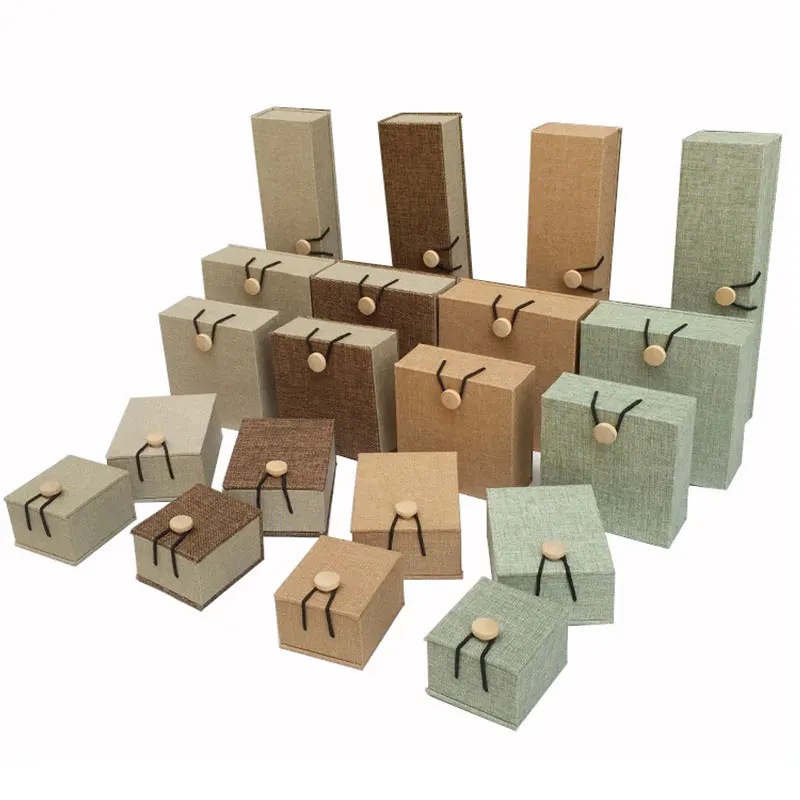 

12pcs/Lot Classical Linen Wooden Buckle Jewelry Square Box For Pendant Buddha Bead Bracelet Necklace Gift Packaging Cases