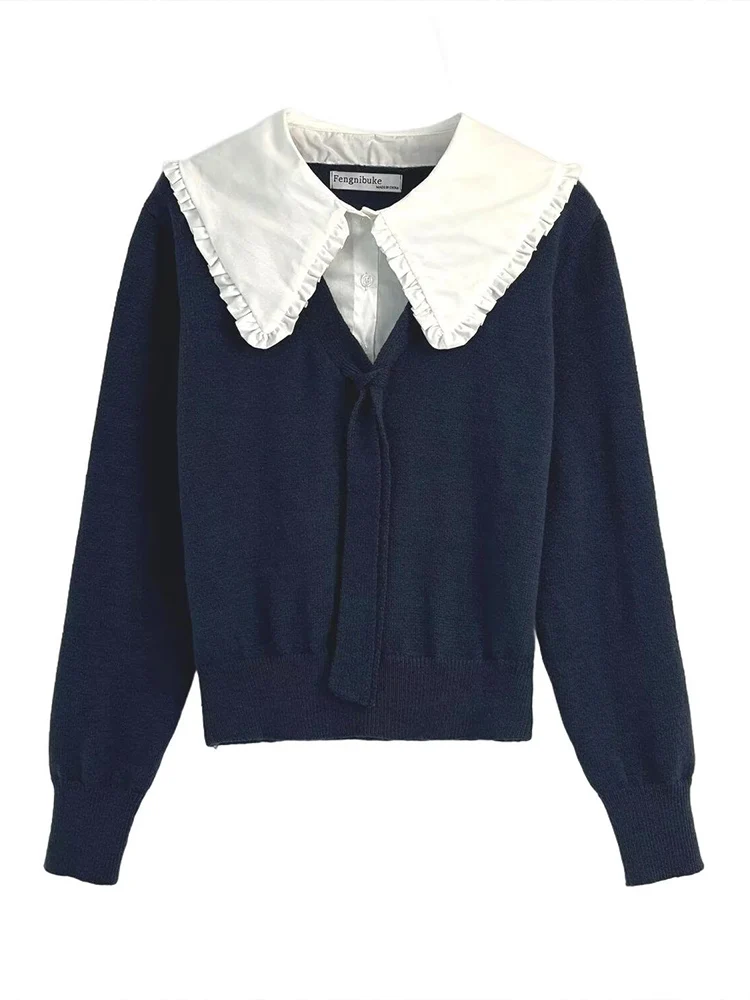 เสื้อสเวตเตอร์คอตุ๊กตาสไตล์ยุโรป แฟชั่นผู้หญิงใหม่ ดีไซน์เข้าได้กับทุกชุด โทนสีตัดกันอย่างลงตัว