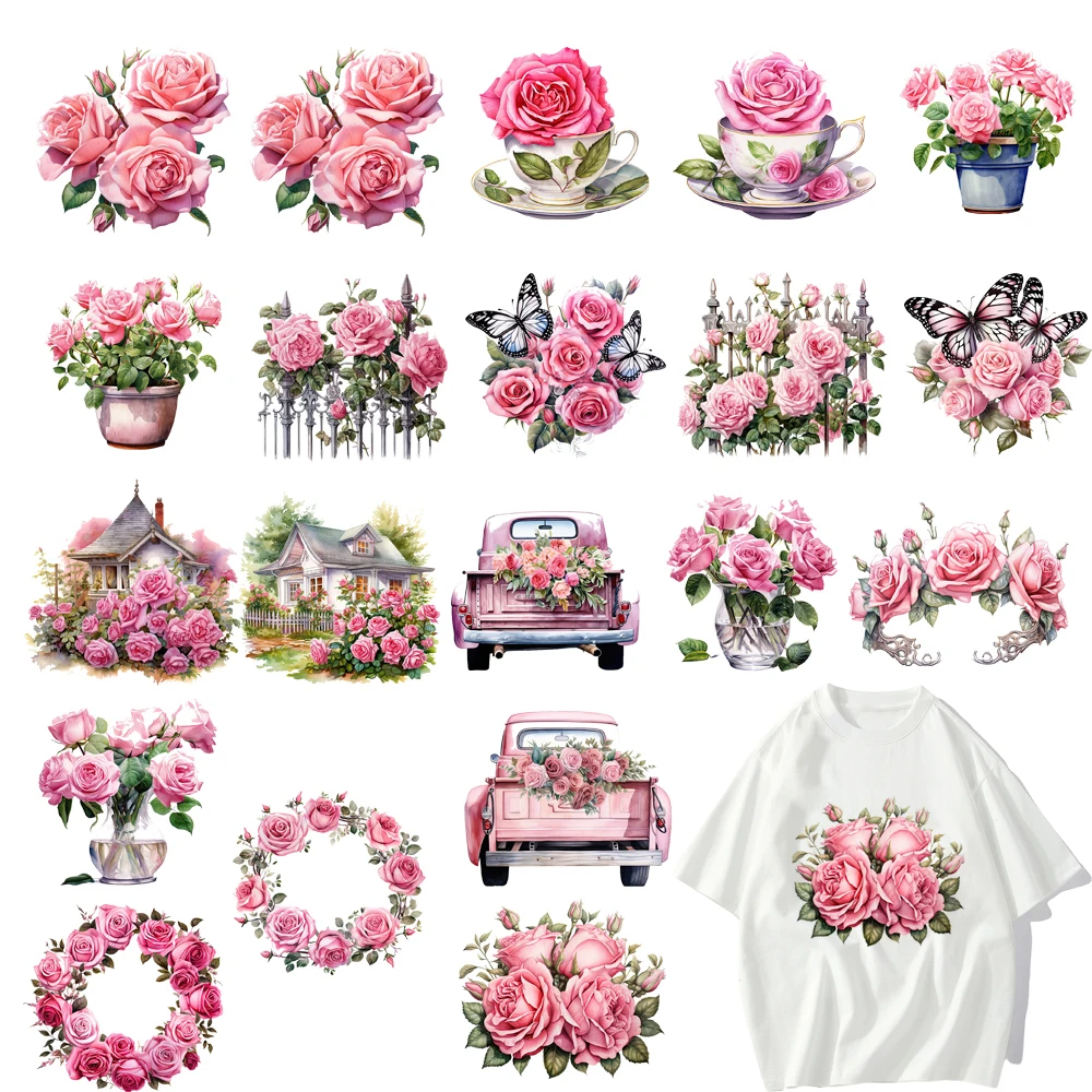 20 types Beautiful Pink Rose Blossoms DTF Thermo Sticker Decals Heat Transfer Clothes Clothing Crafts Diy Accessory wholesale