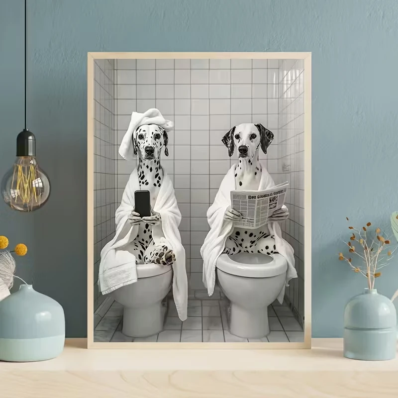 

Two Dalmatian Dogs Are Sitting The Toilet A Scandinavian Bathroom An Interesting Canvas Poster Picture Wall for Home Decoration