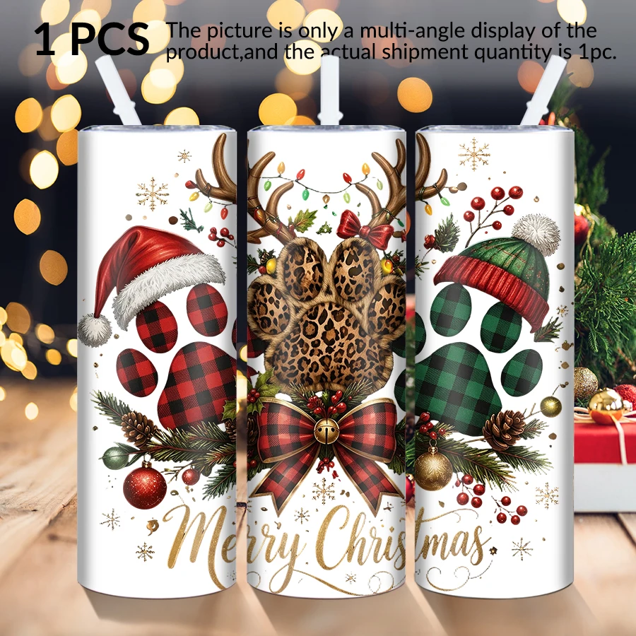 1pc 20Oz stainless steel straight cup with straw cover Christmas claw print elements suitable for Christmas and Halloweenasgifts