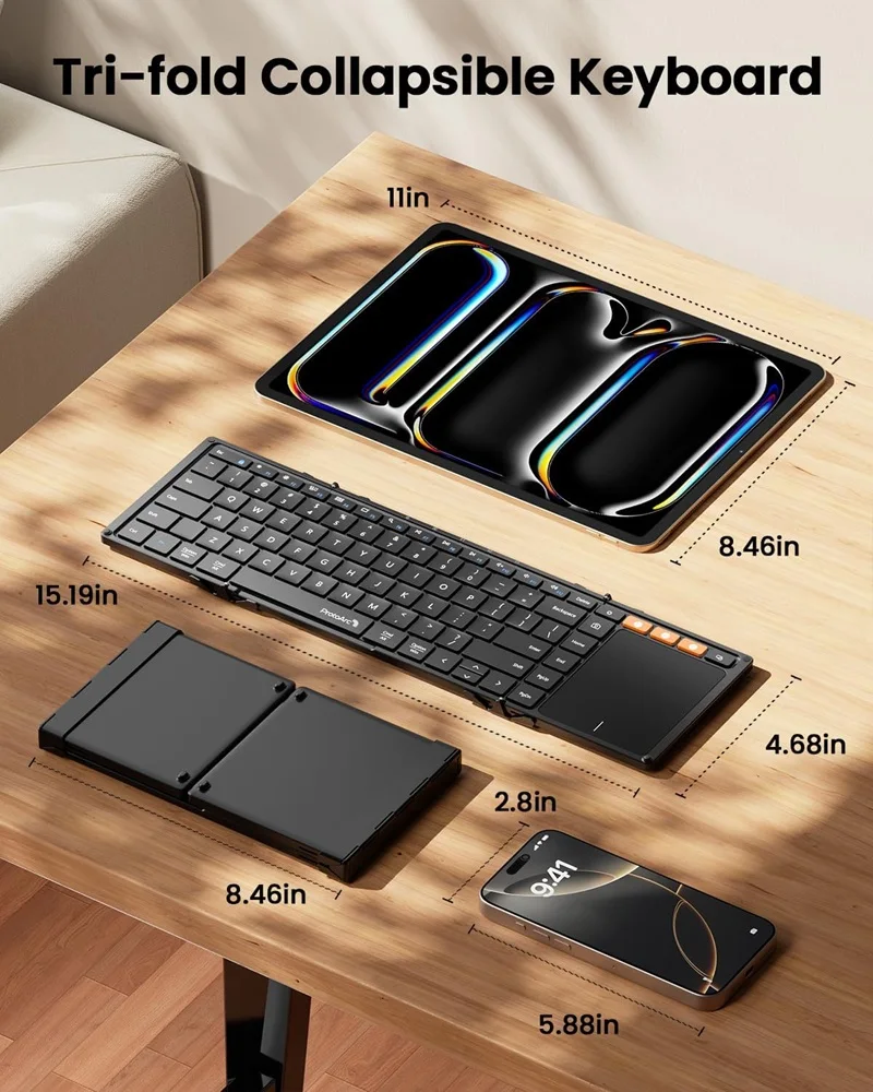 ProtoArc Foldable Bluetooth Keyboard Folding Wireless Portable Keyboard with Numeric Keypad for iPad Tablet Smartphone Laptop PC