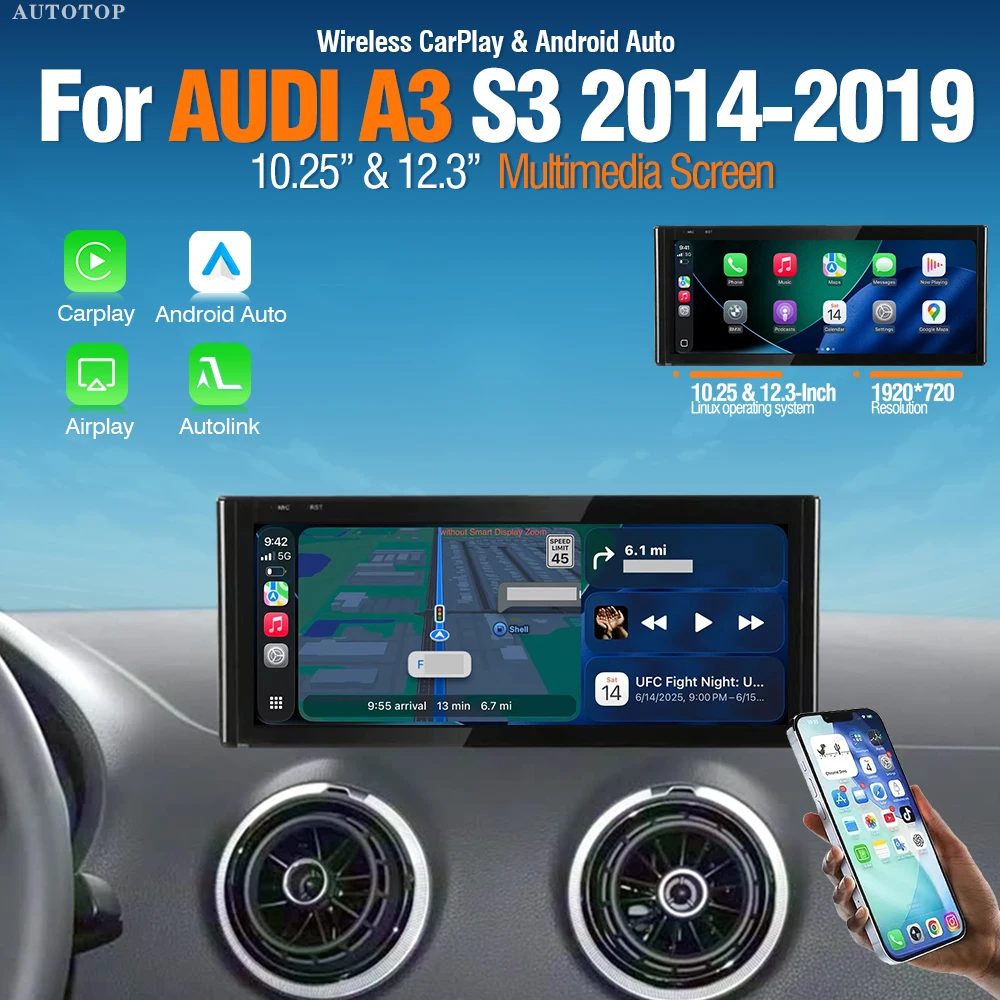 Lecteur multimédia tactile AUTOTOP 10,25 pouces pour Audi A3 S3 8V 2014-2019, CarPlay sans fil, Android Auto, lecteur audio vidéo radio