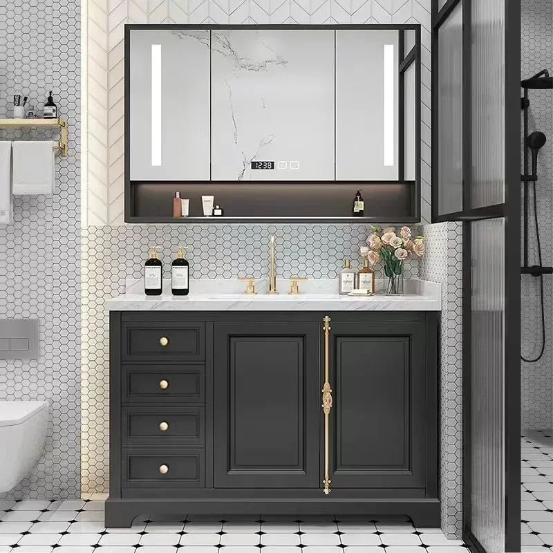 New Light Luxury Retro Oak Bathroom Cabinet Smart Mirror Rock Ceramic Washbasin Bathroom Vanity Sink Cabinet Bathroom Furniture