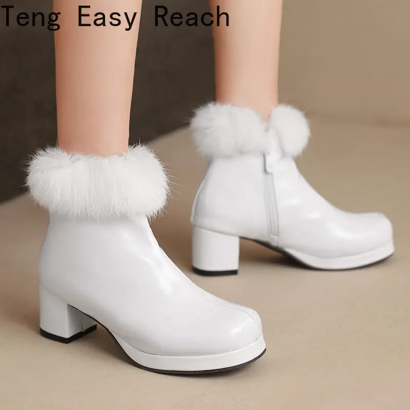 

The new White Women Ankle Boots 2023 Fashion Real hair zipper Platform Squaer High Heel Boots Woman Boots Plus Size 33- 45