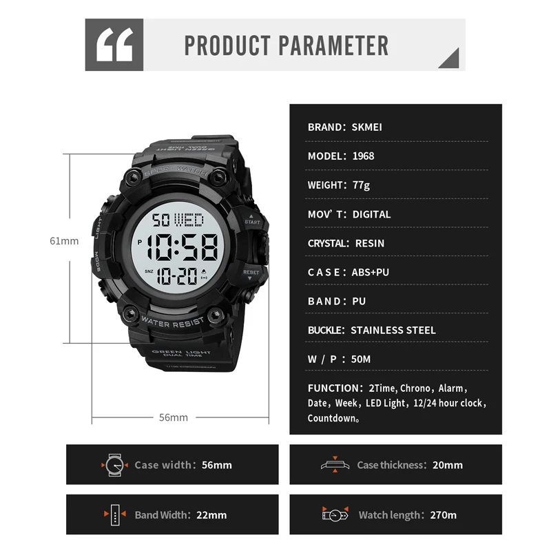 Fashion Men Sport Watch Luxury SKMEI Watches Stopwatch Countdown Digital Watch 50Bar Waterproof Military Watch Clock For Mens