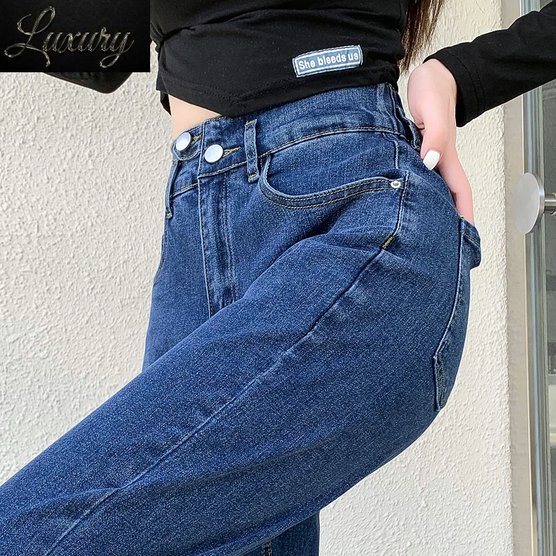 

Spring New 4XL 5XL Elastic High Waist Women's Jeans Button Slim Fashion Comfortable Harem Blue Denim Trousers