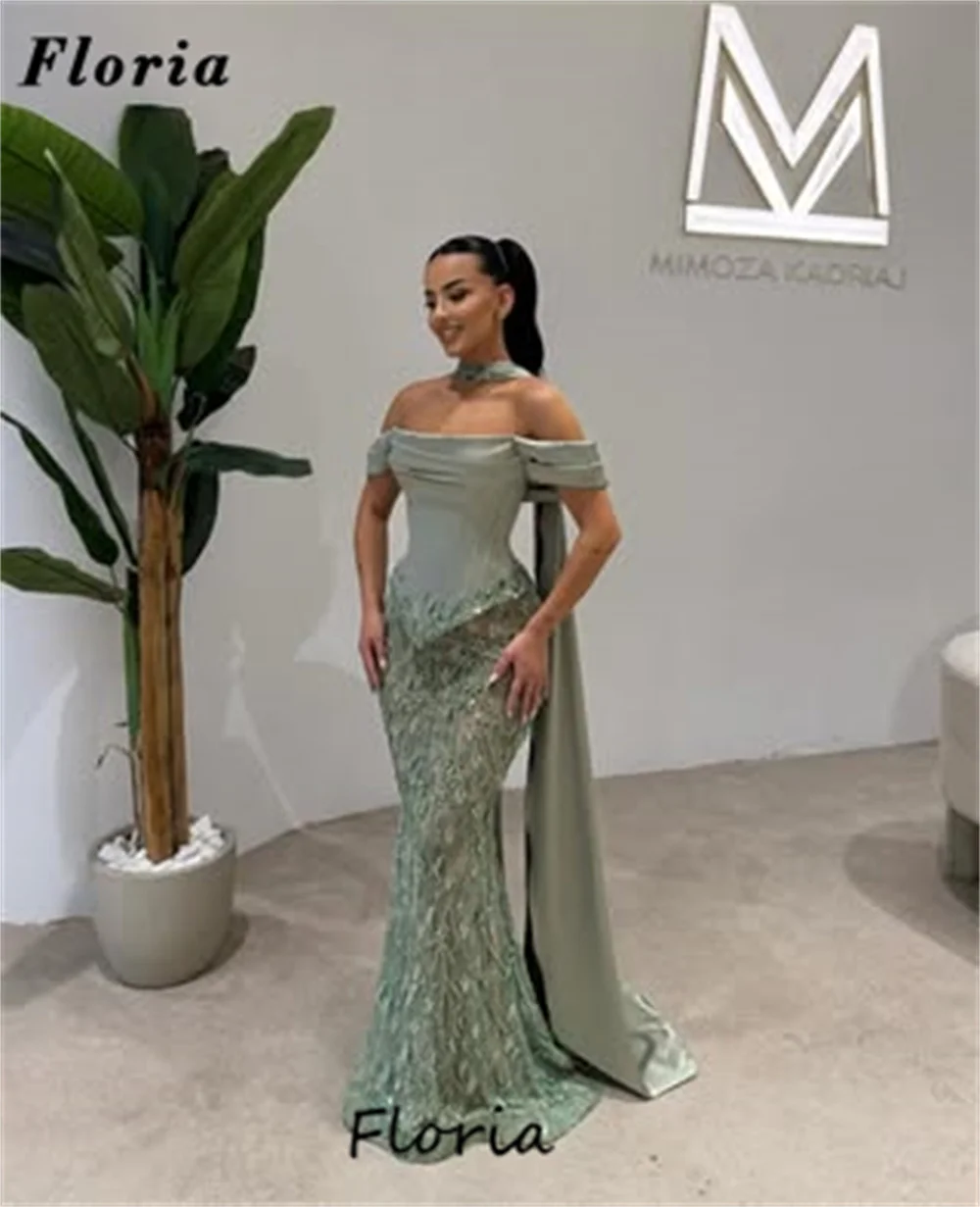 

Plus Size Sage Green Evening Dresses Off Shoulder Beaded Engagement Cocktail Dress Bride Party Gowns Vestidos De Gala Customized