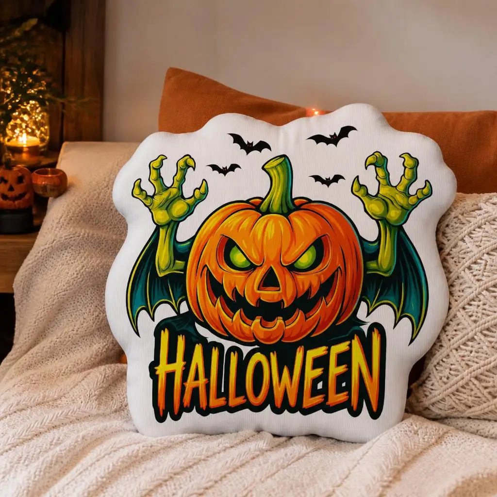 Halloween Jack O Lantern Shaped Pillow Spooky Pumpkin Cushion Scary Throw Pillow for Sofa Home Decor Zombie Hands Bats Gift