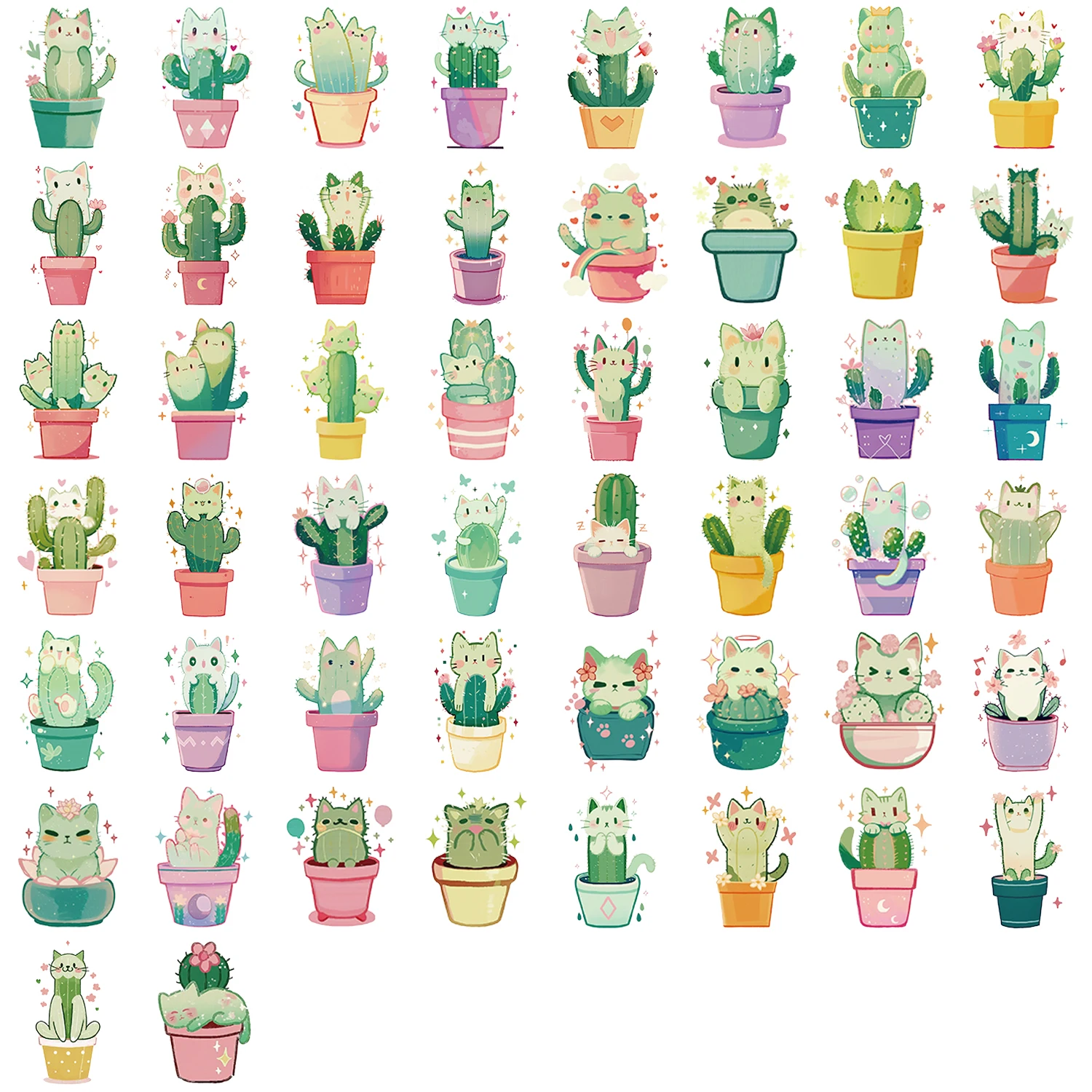 50pcs Cat Cactus Transparent Stickers Decoration Graffiti Decals Scrapbook Skateboard Laptop Waterproof Sticker