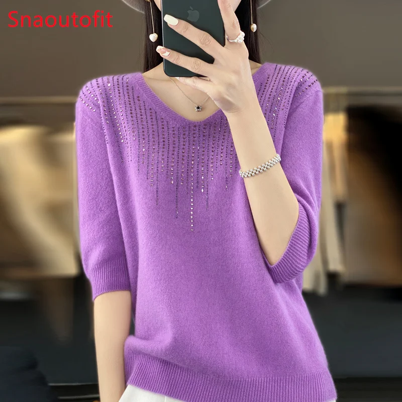 Spring and Summer O/V-neck Diamond Insert Merino Wool Knit Sweater Women\'s Chic Loose Jumper High Stretch Cashmere Pullover Tops